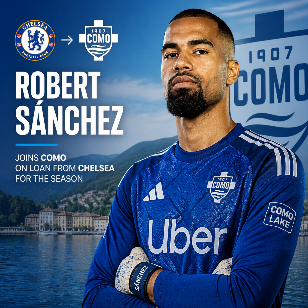 Robert Sánchez in a Chelsea kit holding a Como FC jersey, announcing his loan move for the season.