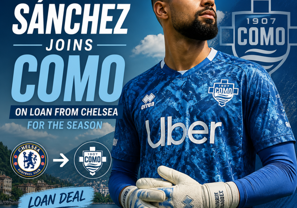 Robert Sanchez in Chelsea kit shaking hands with Como officials in a football transfer announcement.