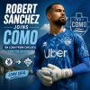Robert Sanchez in Chelsea kit shaking hands with Como officials in a football transfer announcement.