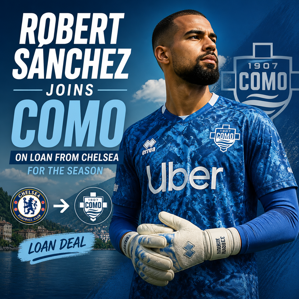 Robert Sanchez in Chelsea kit shaking hands with Como officials in a football transfer announcement.