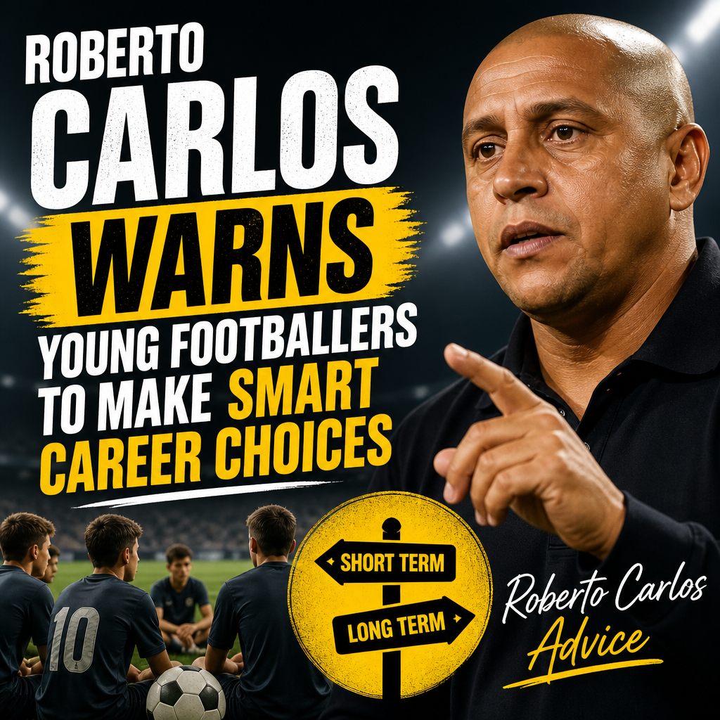 Roberto Carlos speaking into a microphone, emphasizing smart career choices to young footballers.