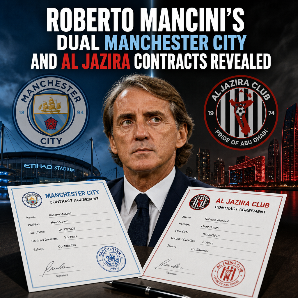 Roberto Mancini holding Manchester City and Al Jazira coaching contract documents side by side.