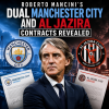 Photo of Roberto Mancini smiling during a press event, with Manchester City and Al Jazira logos in the background.