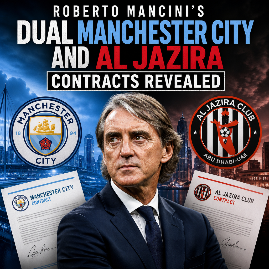 Photo of Roberto Mancini smiling during a press event, with Manchester City and Al Jazira logos in the background.