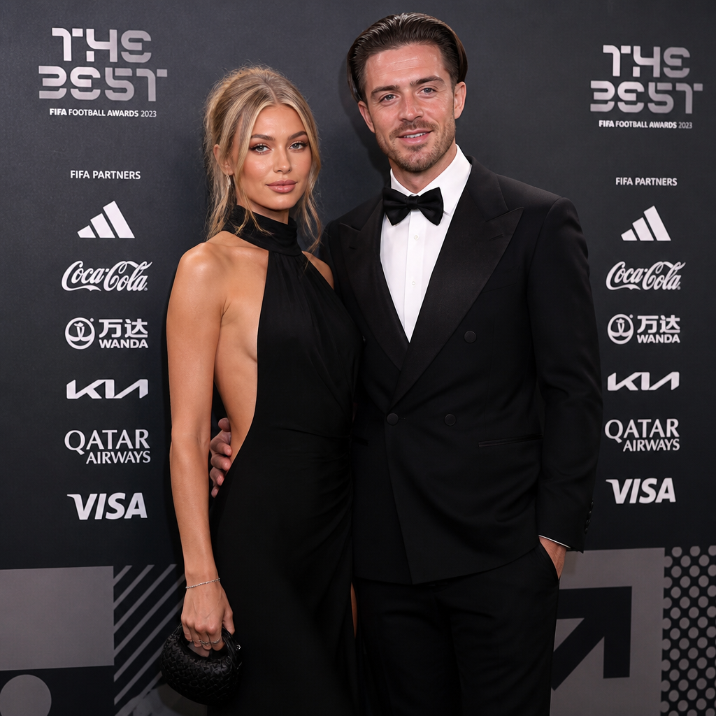 Couple in elegant black attire posing together at The Best FIFA Football Awards 2023 red carpet.
