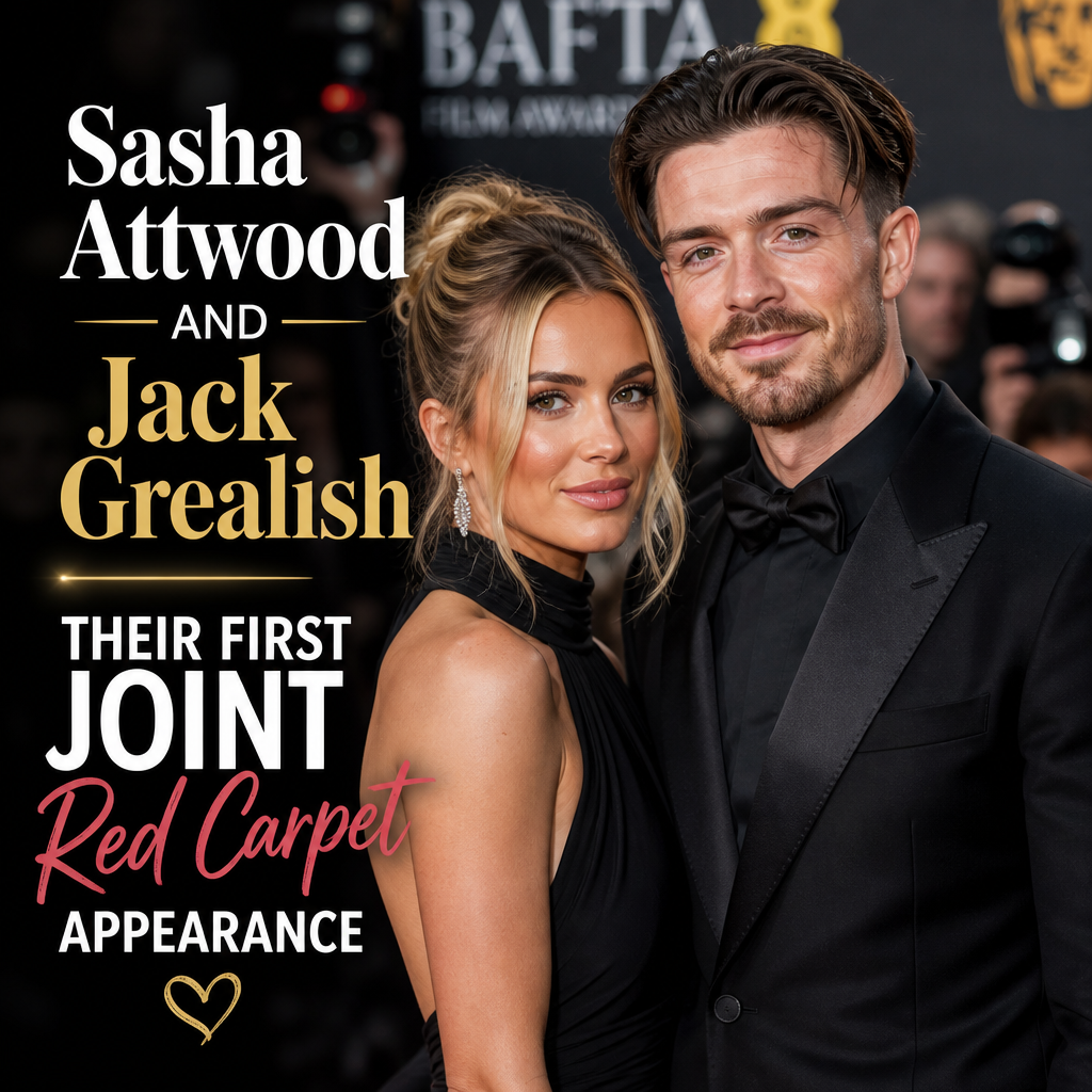 Sasha Attwood and Jack Grealish smiling together on the red carpet at the BAFTA Film Awards.