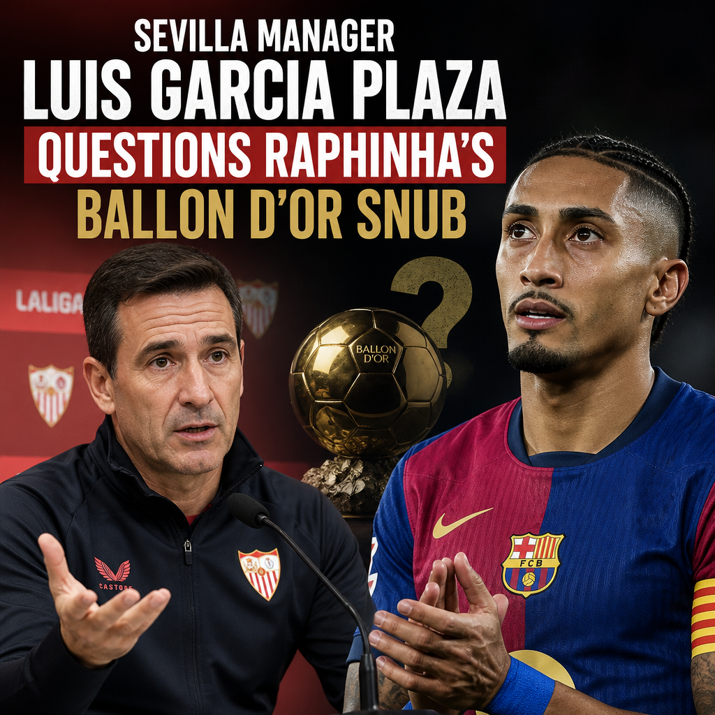 Sevilla manager Luis Garcia Plaza gestures animatedly while discussing Raphinha's Ballon d'Or snub during a football debate.