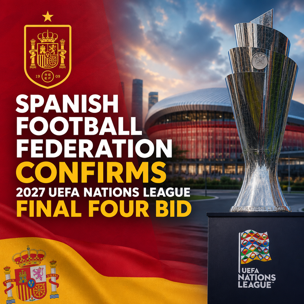 Logo of the Spanish Football Federation with text about hosting the 2027 UEFA Nations League Final Four.