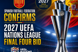 Logo of the Spanish Football Federation with text announcing Spain's bid to host the 2027 UEFA Nations League Final Four.