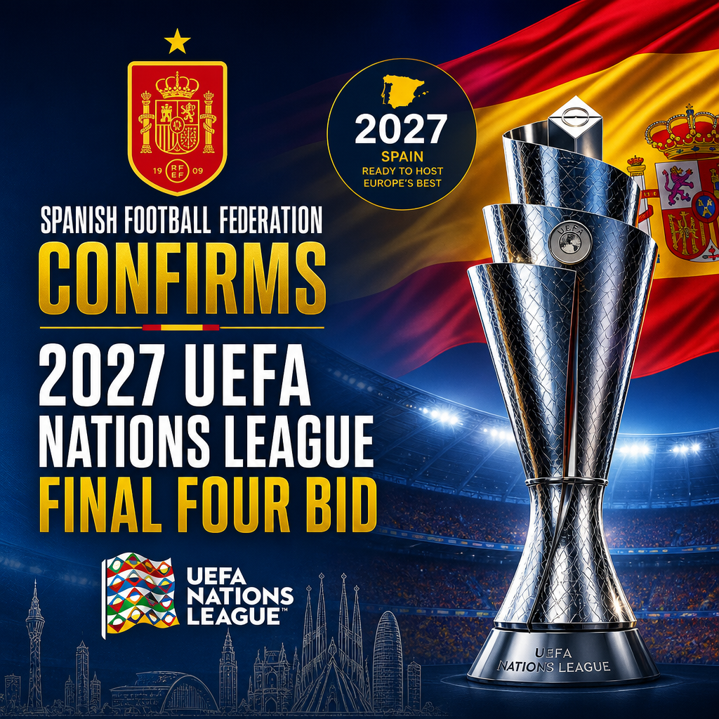 Logo of the Spanish Football Federation with text announcing Spain's bid to host the 2027 UEFA Nations League Final Four.