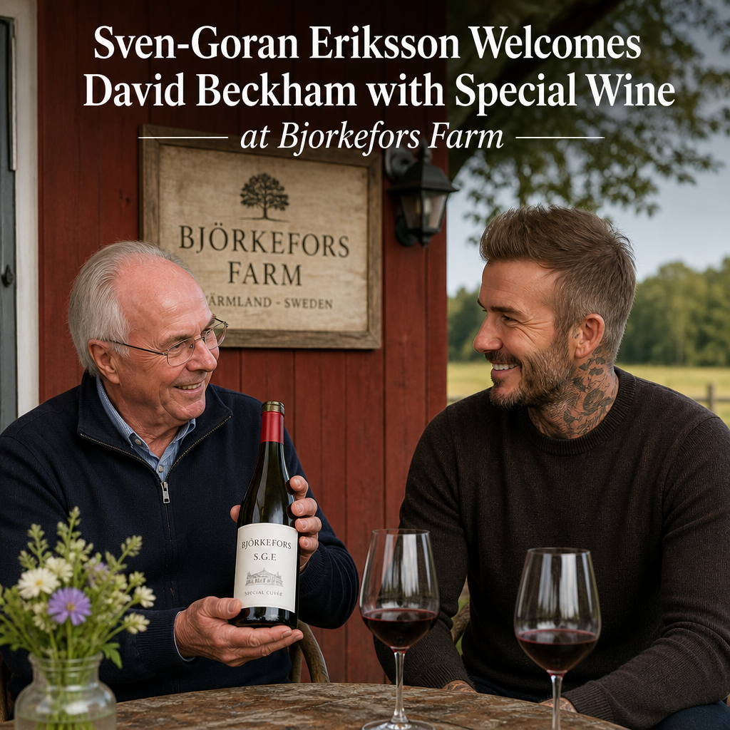 Sven-Goran Eriksson and David Beckham smiling while holding wine bottles at Bjorkefors Farm in Sweden.