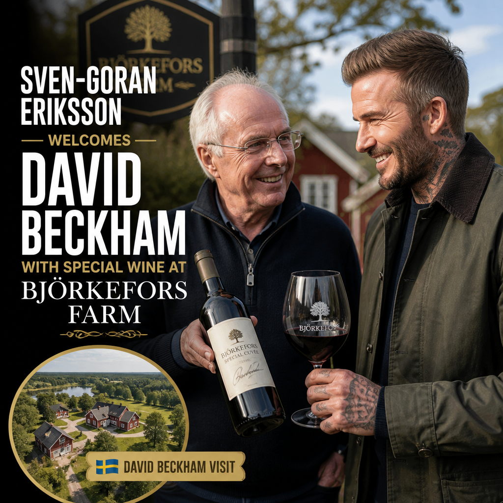 Sven-Goran Eriksson and David Beckham smiling and holding glasses of special wine at Björkefors Farm.