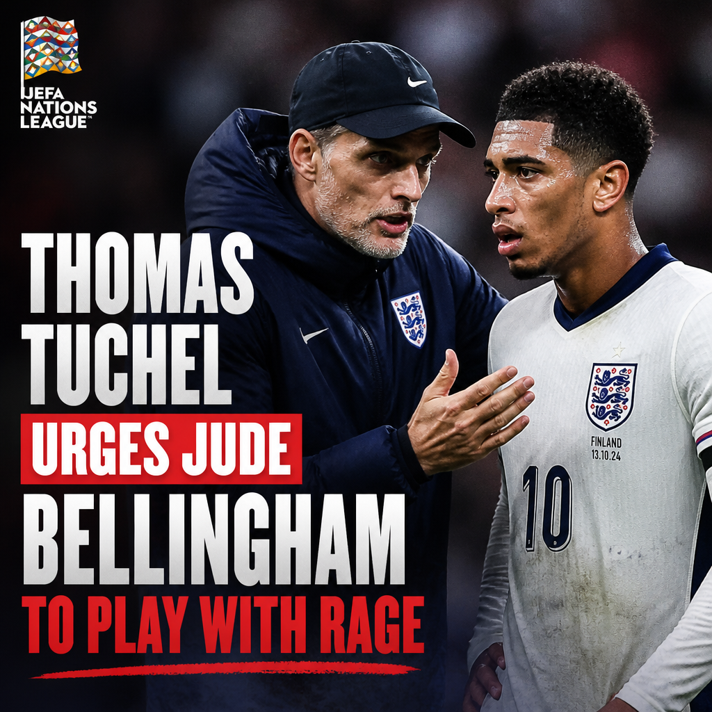 Thomas Tuchel passionately advises Jude Bellingham during a UEFA Nations League match.