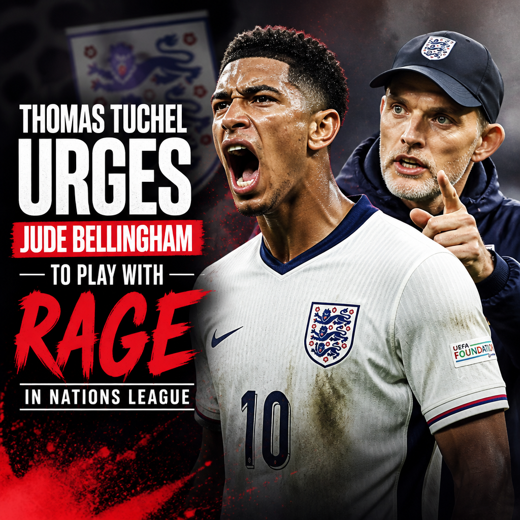 Thomas Tuchel passionately instructs Jude Bellingham during a Nations League match.