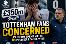 Tottenham Hotspur fans with worried expressions as the team shows no Premier League wins after £350 million spent.
