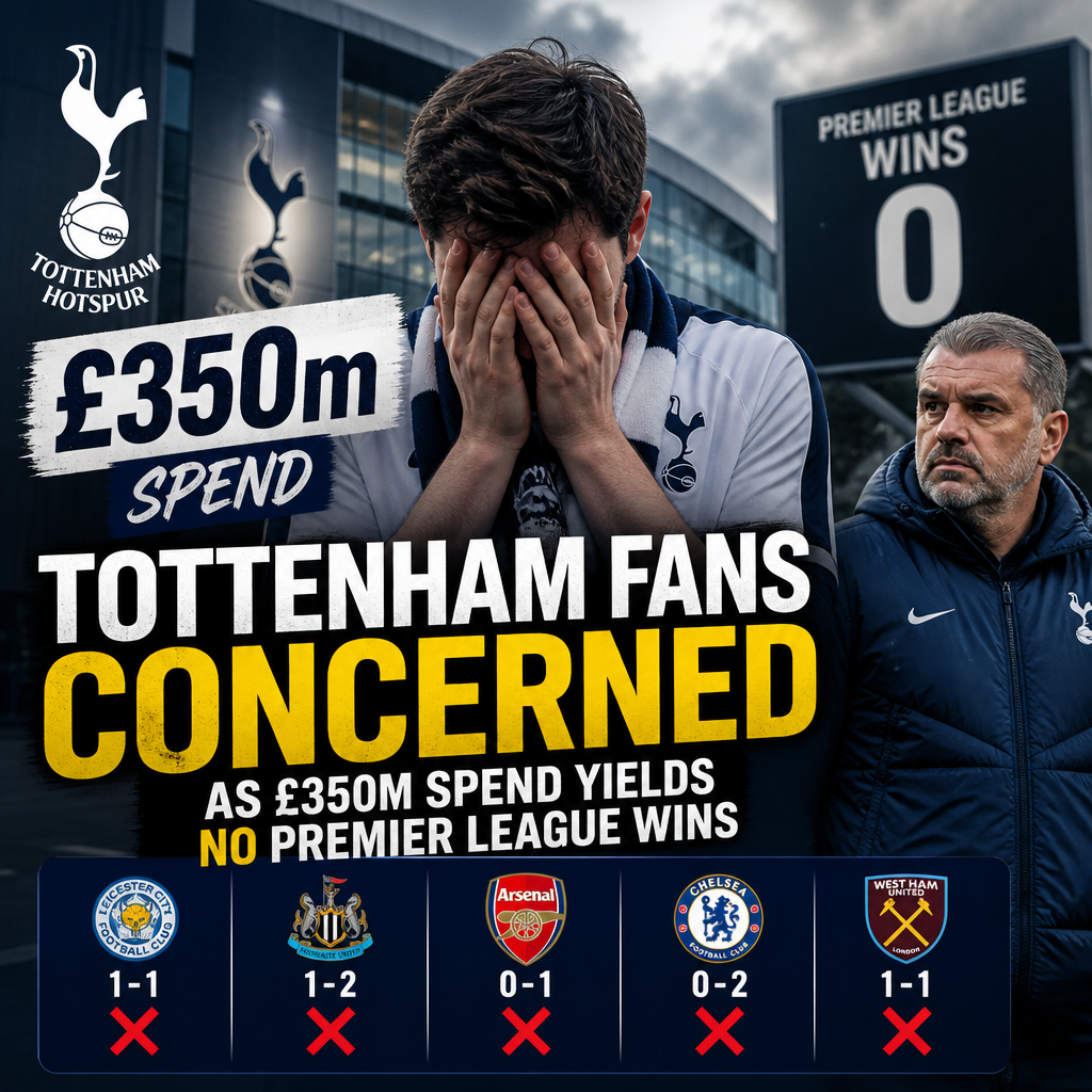 Tottenham Hotspur fans with worried expressions as the team shows no Premier League wins after £350 million spent.