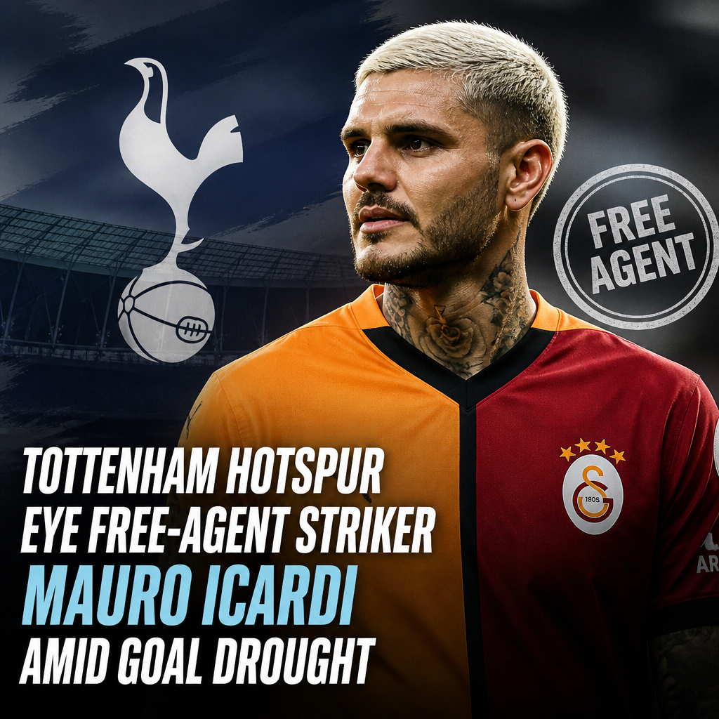 Mauro Icardi in a white and navy soccer kit, poised with the ball, representing Tottenham Hotspur striker target.