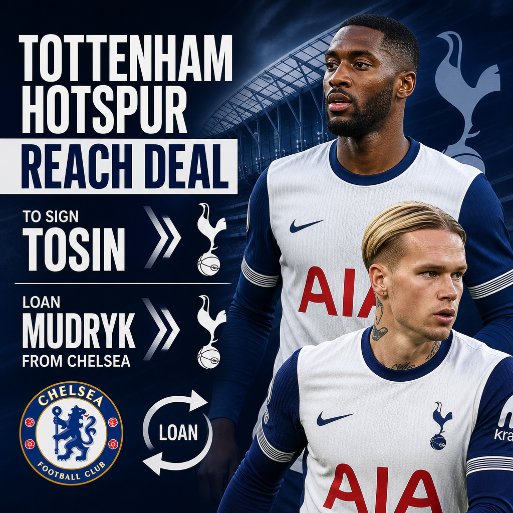 Tottenham Hotspur players celebrating with fans after reaching a deal to sign Tosin and loan Mudryk.