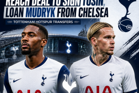 Tottenham Hotspur players celebrating with fans after signing Tosin and securing Mudryk on loan from Chelsea.