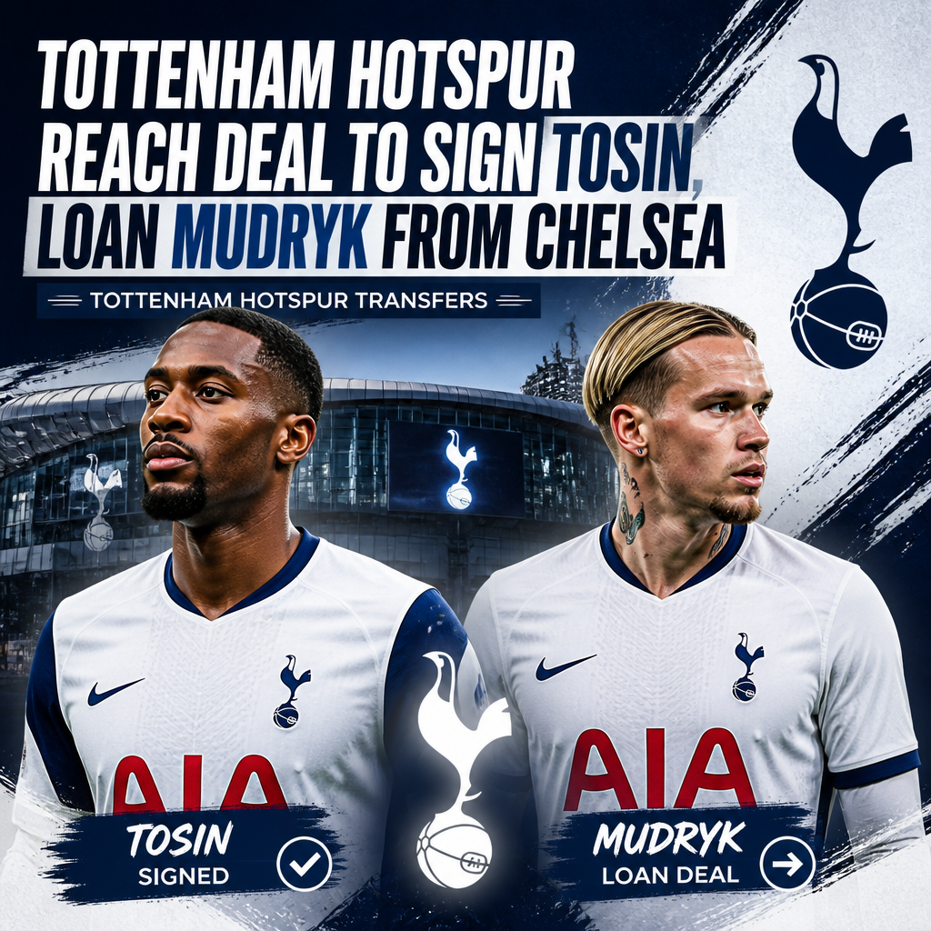 Tottenham Hotspur players celebrating with fans after signing Tosin and securing Mudryk on loan from Chelsea.