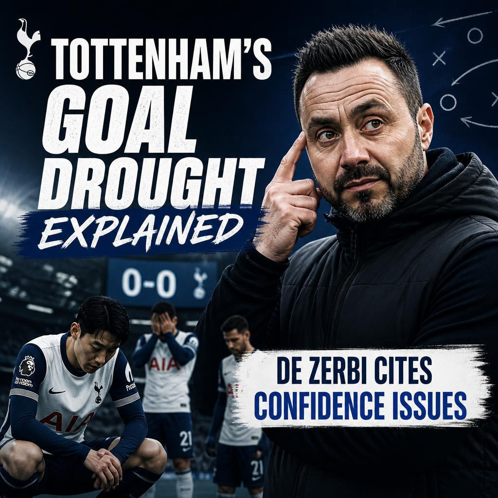 Tottenham players look frustrated on the field during a match, highlighting their ongoing goal drought.