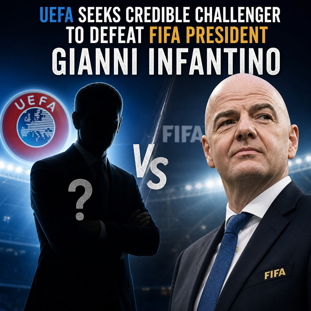 A group of officials discussing UEFA leadership, symbolizing the search for a challenger to FIFA President Infantino.