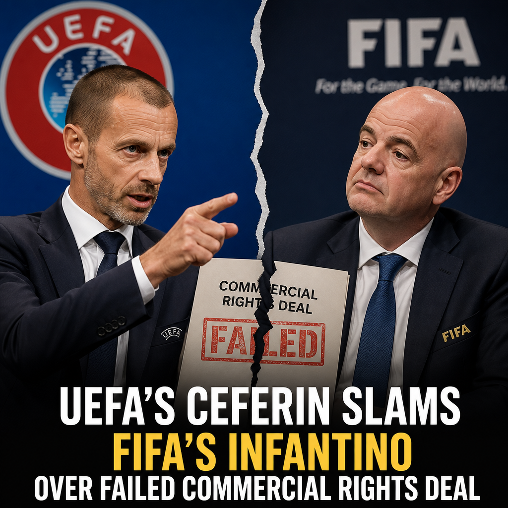 UEFA President Ceferin speaking at a press conference, criticizing FIFA President Infantino over a rights deal.