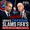 UEFA President Ceferin speaking at a podium with UEFA and FIFA logos in the background.