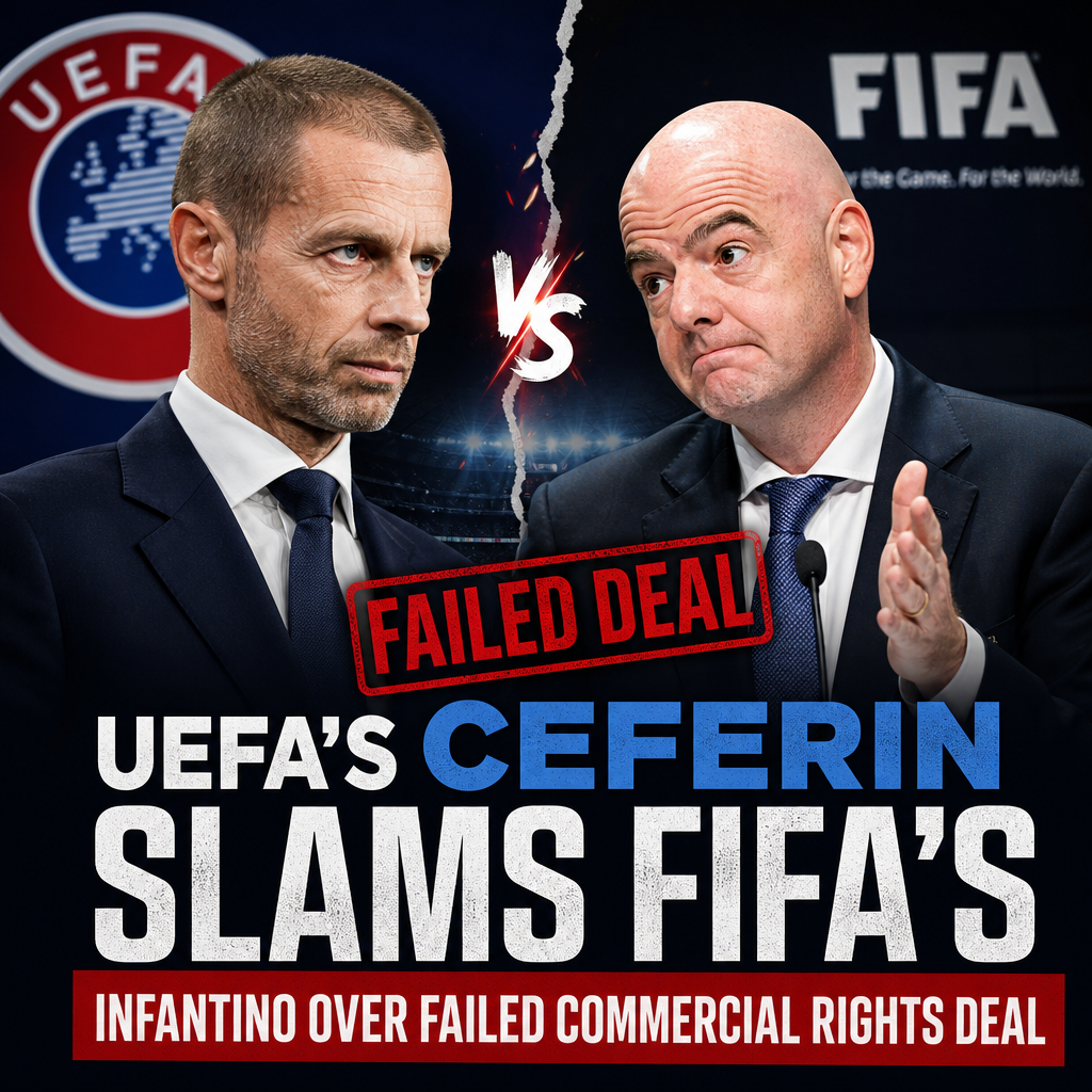 UEFA President Ceferin speaking at a podium with UEFA and FIFA logos in the background.