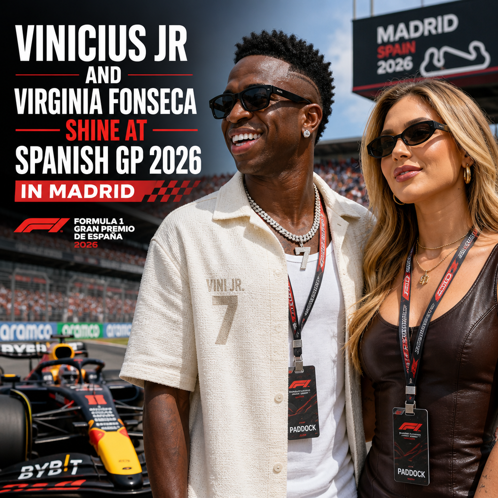 Vinicius Jr and Virginia Fonseca smiling together at the Spanish Grand Prix 2026 in Madrid.