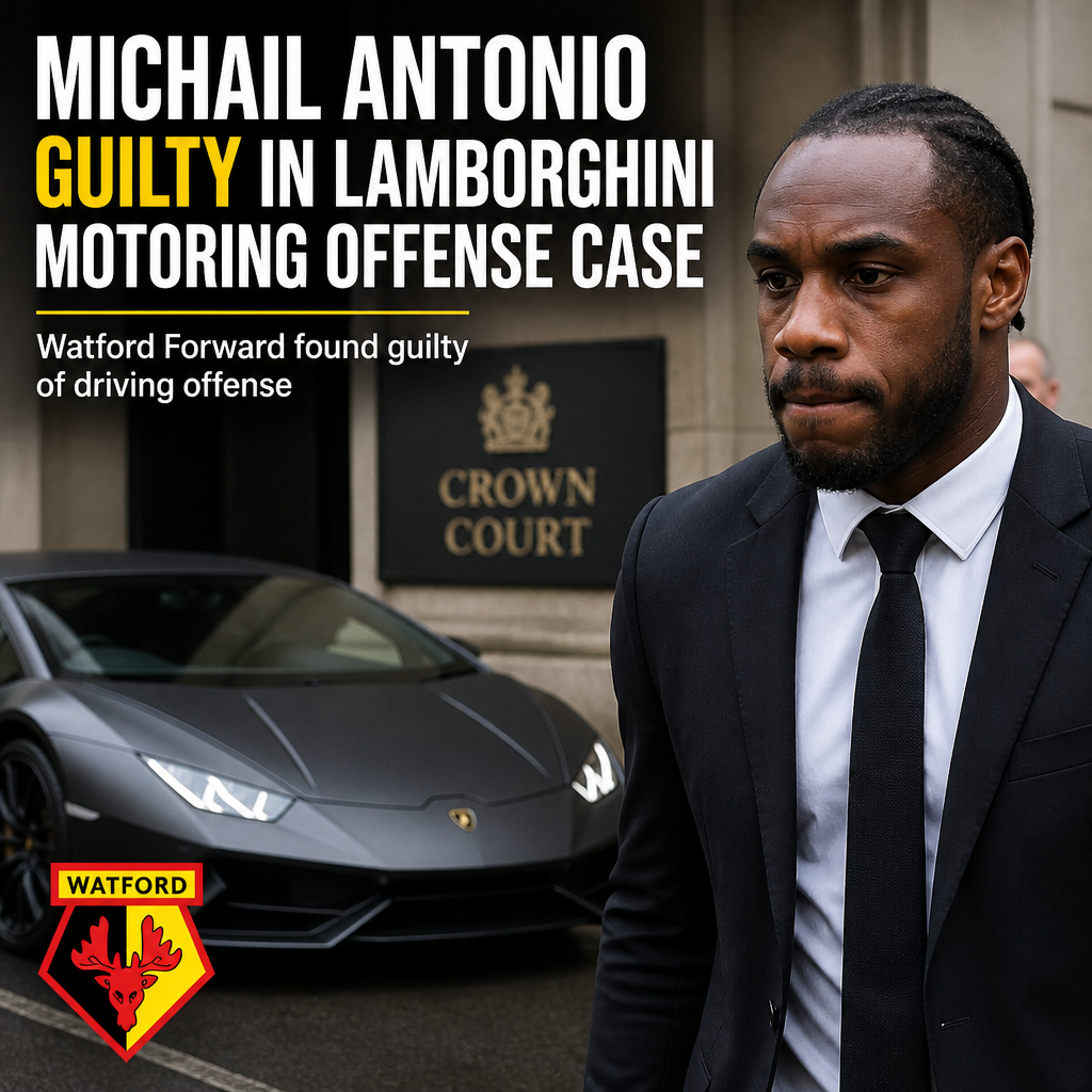 Michail Antonio in a courtroom, appearing serious during his Lamborghini motoring offense trial.