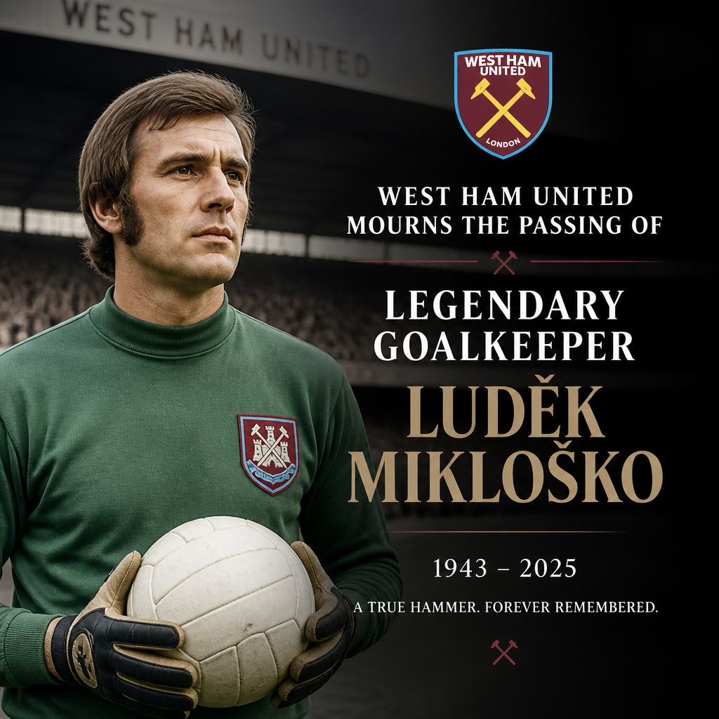 West Ham United fans hold banners and scarves honoring legendary goalkeeper Luděk Mikloško.