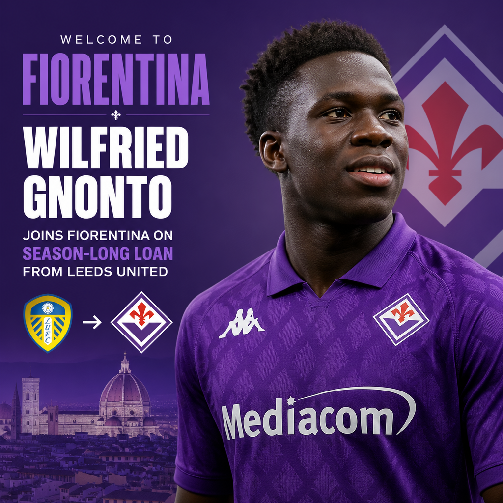 Wilfried Gnonto in Fiorentina jersey celebrating with teammates after joining on loan from Leeds United.