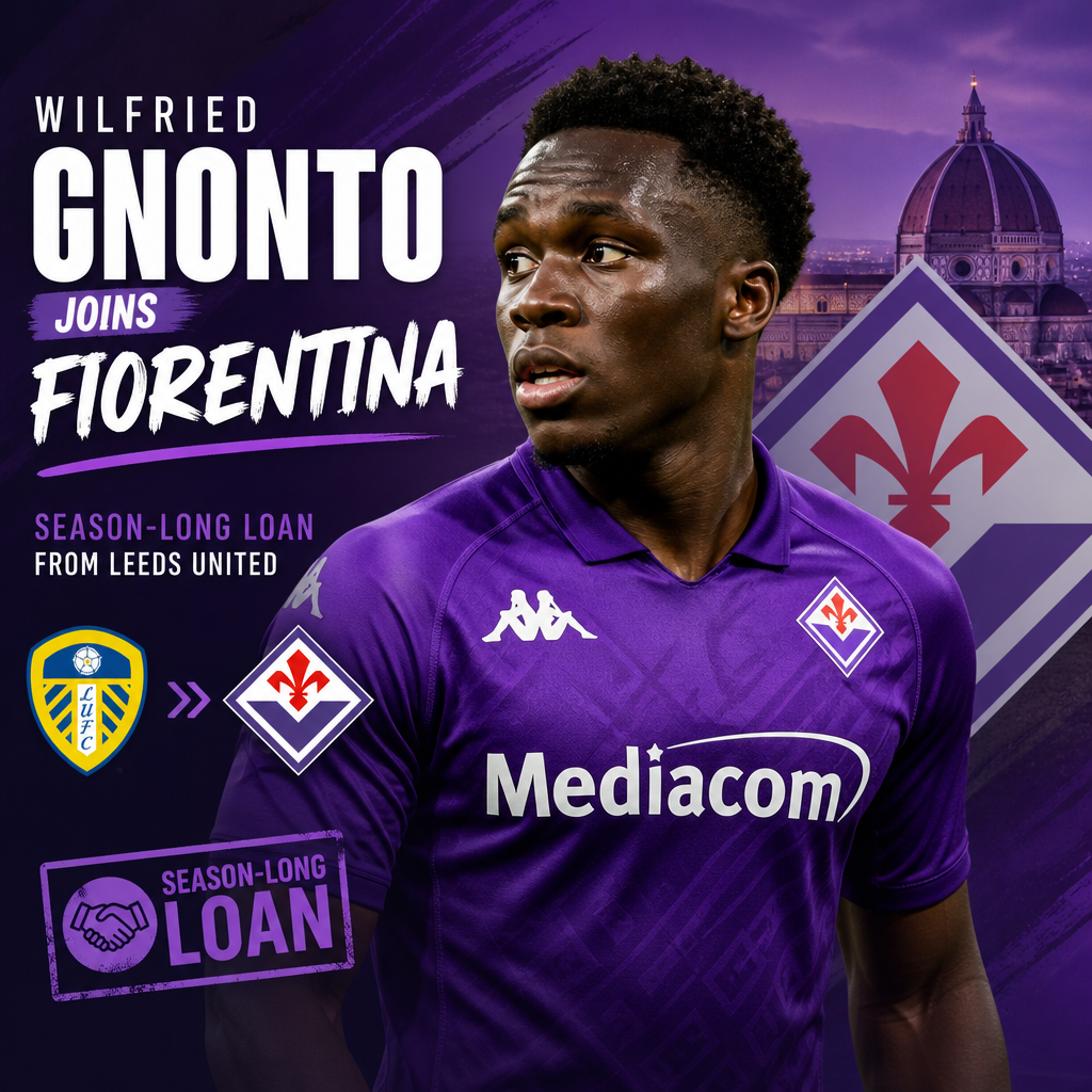 Wilfried Gnonto wearing Fiorentina jersey, smiling and holding a football on the field during a match.