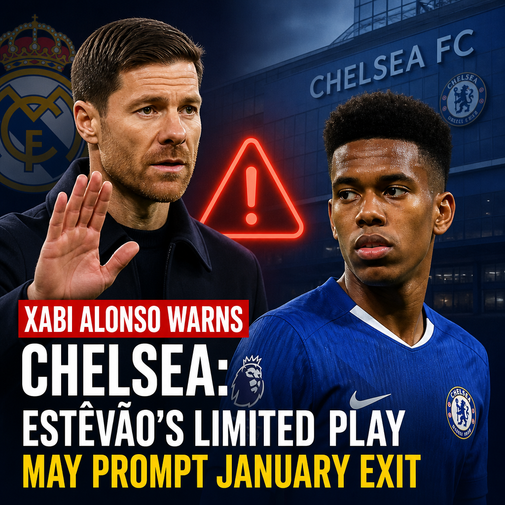 Xabi Alonso speaking at a press conference warning Chelsea about Estêvão's limited playing time and possible January exit.