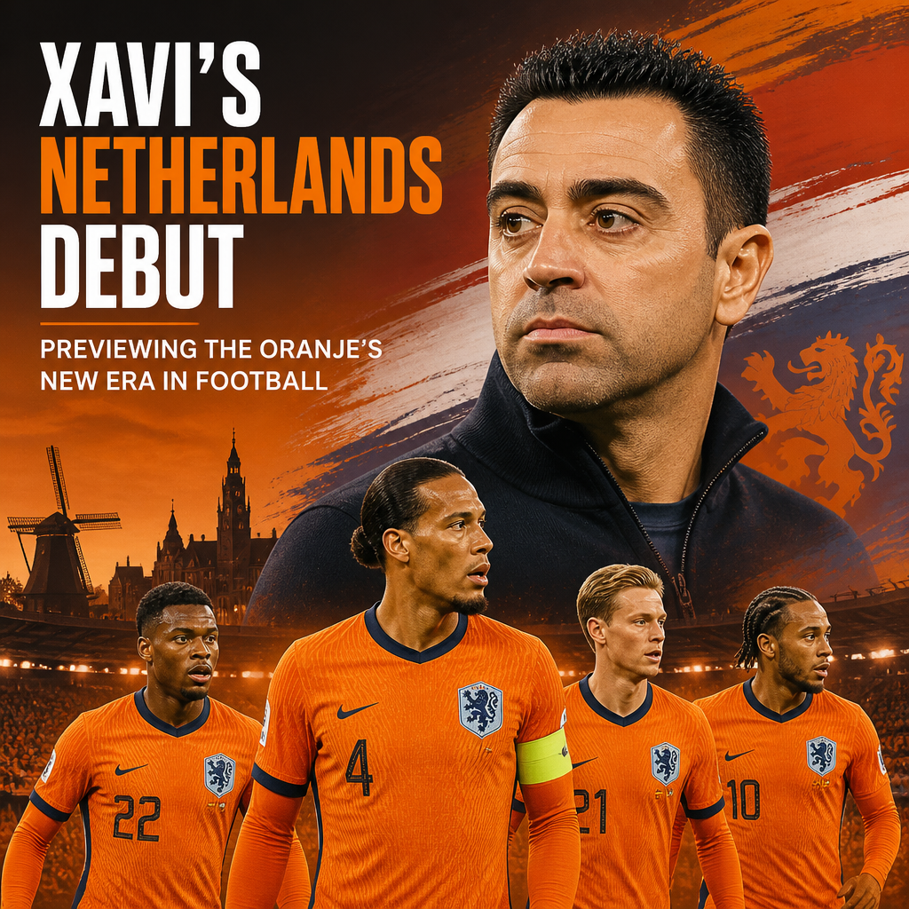 Xavi standing with key Netherlands football players wearing iconic orange jerseys during his coaching debut.