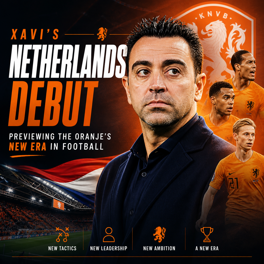 Xavi coaching the Netherlands football team for his debut, showcasing new tactics and leadership on the sidelines.