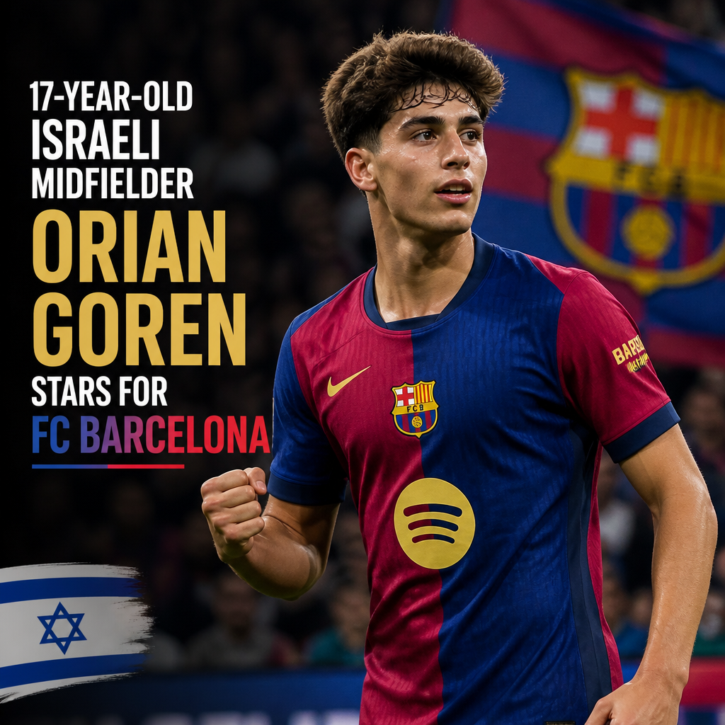 17-year-old Israeli midfielder Orian Goren celebrates a goal wearing FC Barcelona jersey on the soccer field.
