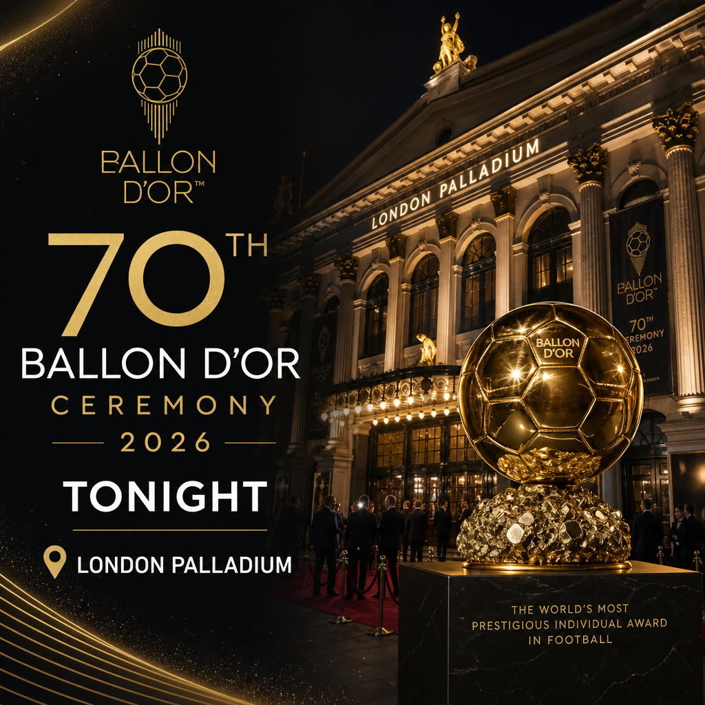 Venue setup for the 70th Ballon d'Or Ceremony 2026 at the London Palladium with elegant lighting and a football award stage.