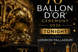 Logo and text announcing the 70th Ballon d'Or Ceremony 2026 live from London Palladium.