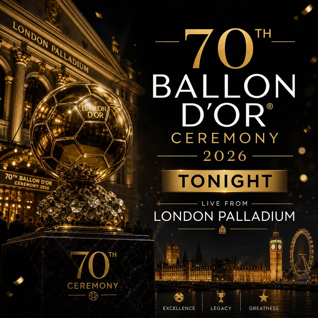 Logo and text announcing the 70th Ballon d'Or Ceremony 2026 live from London Palladium.