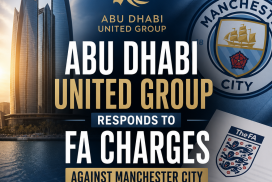 Abu Dhabi United Group logo beside Manchester City emblem over a city skyline with FA charges response text.