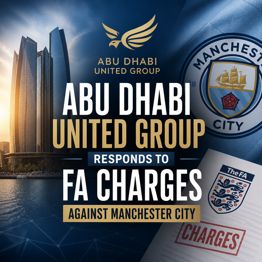 Abu Dhabi United Group logo beside Manchester City emblem over a city skyline with FA charges response text.