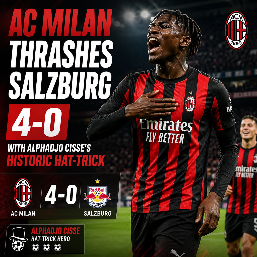 AC Milan players celebrate Alphadjo Cisse’s hat-trick in a 4-0 win over Salzburg in a football match.