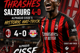 AC Milan players celebrating Alphadjo Cisse's hat-trick in a 4-0 win over Salzburg.