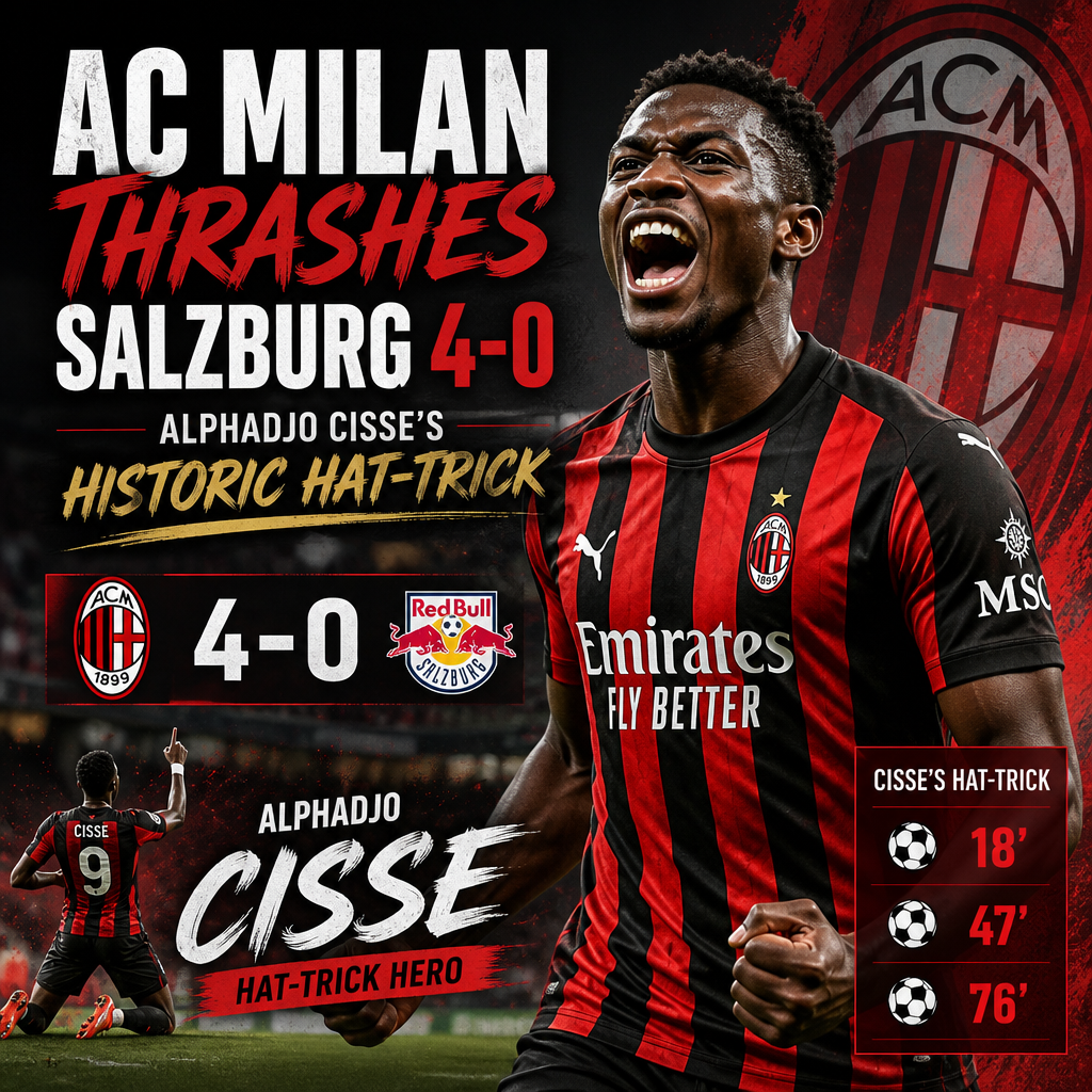 AC Milan players celebrating Alphadjo Cisse's hat-trick in a 4-0 win over Salzburg.