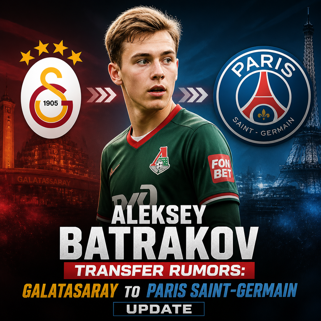Aleksey Batrakov in Galatasaray jersey with transfer rumors to Paris Saint-Germain displayed.