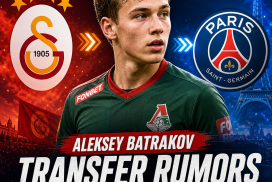 Aleksey Batrakov in a Galatasaray jersey with Paris Saint-Germain logo in the background, hinting at a transfer.