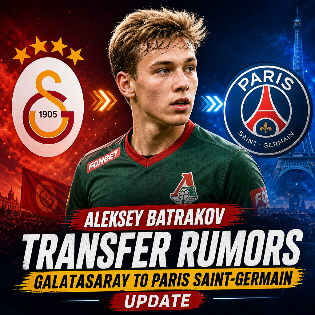 Aleksey Batrakov in a Galatasaray jersey with Paris Saint-Germain logo in the background, hinting at a transfer.