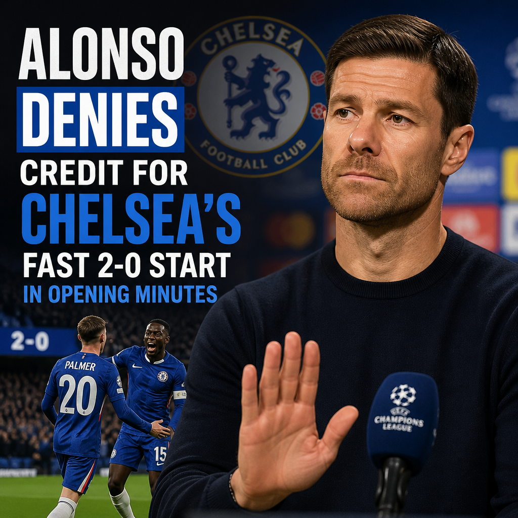 Chelsea coach Alonso speaking passionately during a Champions League match, denying credit for the 2-0 start.